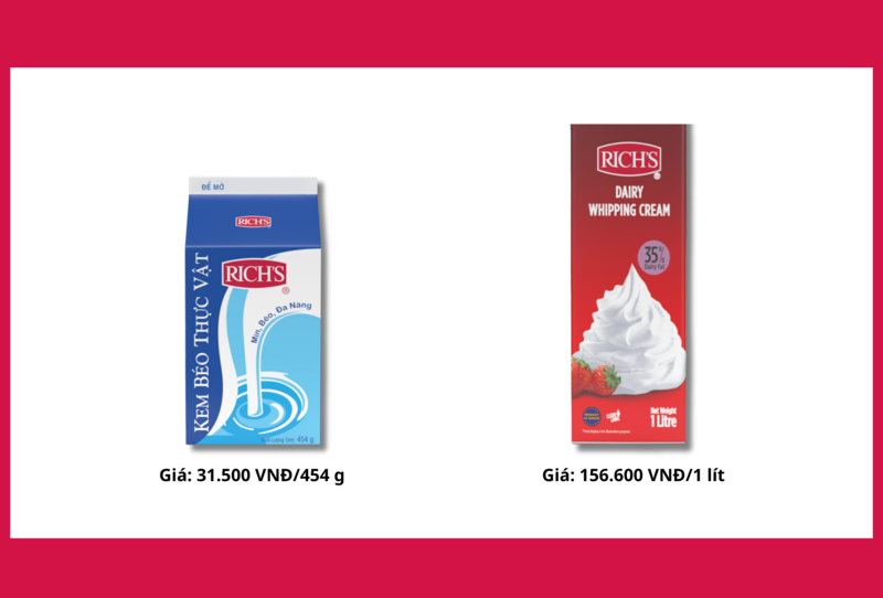 Gía cả giữa Whipping cream và kem béo thực vật