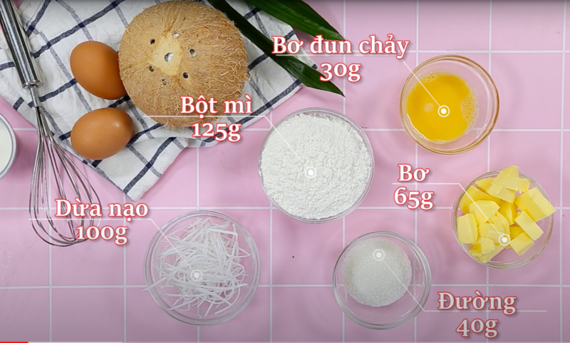 Các nguyên liệu quan trọng để làm bánh tart nhân dừa lá dứa (Nguồn: Feedy Món Ăn Ngon)