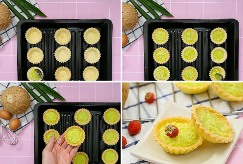 Thành phẩm bánh tart dừa lá dứa có lớp vỏ chín vàng đều cùng phần nhân bùi béo, thơm ngon hấp dẫn, thích hợp ăn lúc còn nóng (Nguồn: Feedy Món Ăn Ngon)