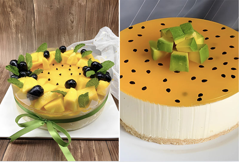 Bánh mousse chanh dây trang trí băng lá bạc hà bơ và kiwi