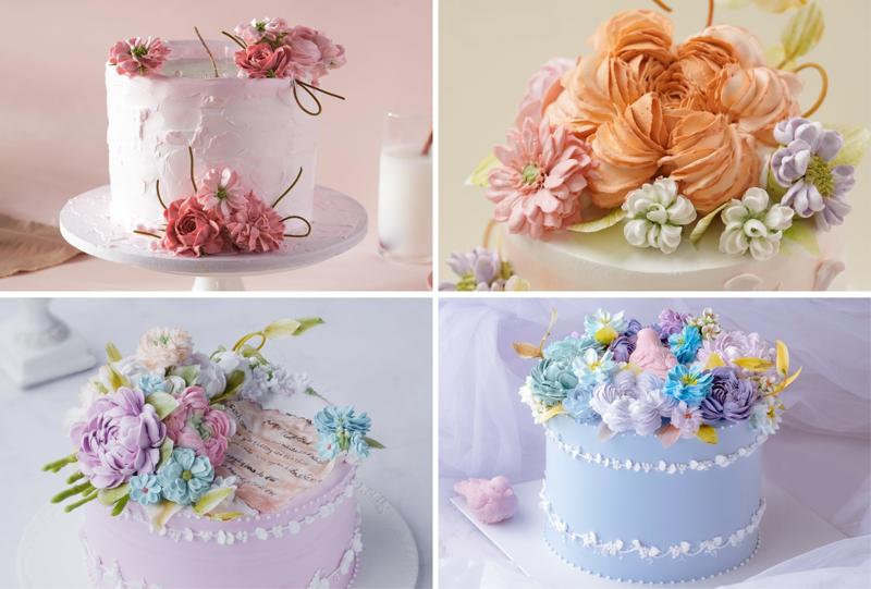 Những bông hoa trong gam màu pastel khiến cho chiếc bánh thêm tinh tế và sang trọng hơn