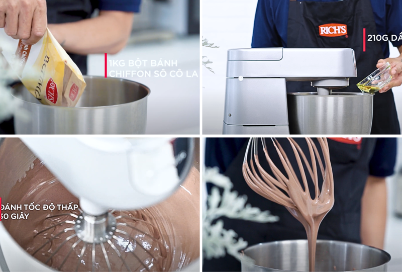 Bạn lưu ý đánh hỗn hợp bột bánh chiffon theo tốc độ và thời gian như hướng dẫn đến khi đạt kết cấu lỏng mịn
