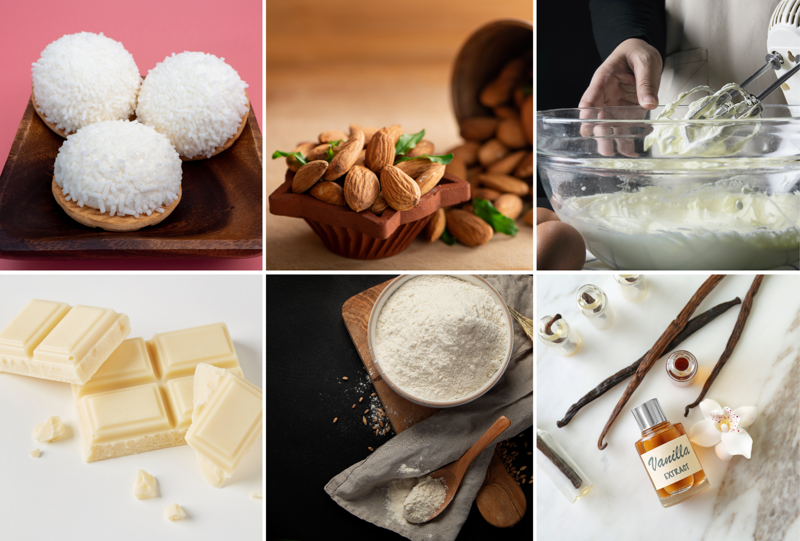 Bánh Buche De Noel vị dừa Raffaello là sự kết hợp độc đáo giữa các nguyên liệu gồm socola trắng, tinh chất vani, dừa và hạnh nhân (Nguồn: Canva)