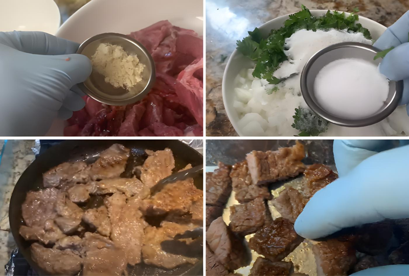 Chế biến thịt bò và sốt rất đơn giản với các nguyên liệu cơ bản như hành tây, giấm, hạt nêm, muối, đường, bơ (Nguồn: Bếp Nhà Amy)