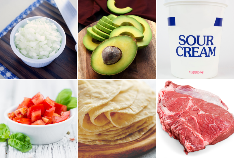 Một số nguyên liệu cần thiết để chuẩn bị gồm thịt bò, hành tây, vỏ bánh tortilla, cheese, xà lách và sốt tùy thích (Nguồn: Canva)