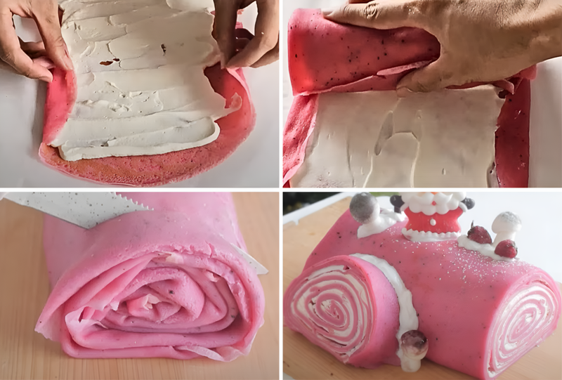Bánh khúc gỗ vị thanh long đỏ có hương vị béo ngậy và vẻ ngoài hồng tươi trông khá bắt mắt (Nguồn: Bake With Me - Làm Bánh Cùng Thịnh)