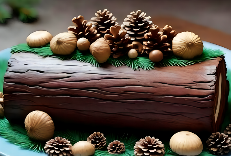 Bánh Yule log cake được trang trí đơn giản với những quả thông xung quanh (Nguồn: Freepik)