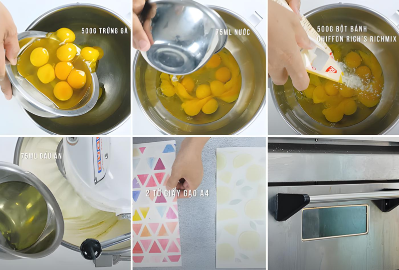 Các nguyên liệu và dụng cụ cần chuẩn bị để làm bánh bông lan cuộn từ bột chiffon
