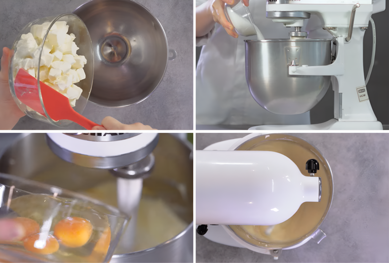 Đánh hỗn hợp cream cheese đến khi hỗn hợp lỏng mịn và các nguyên liệu hòa quyện với nhau