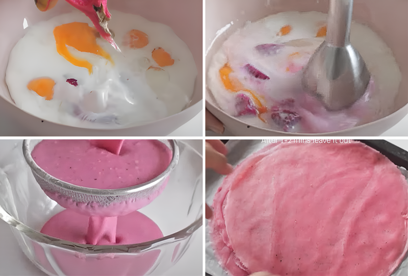 Khác với cách làm bánh bông lan cuộn thông thường, bạn chỉ cần làm bánh crepe để tạo thành phẩm (Nguồn: Bake With Me - Làm Bánh Cùng Thịnh)
