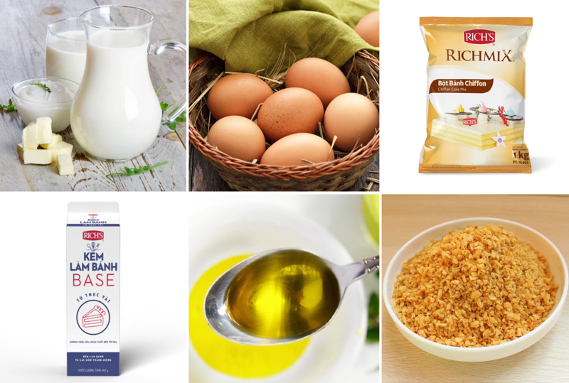 Các nguyên liệu đặc trưng của món bánh bông lan kem trứng dừa là dừa vụn, kem bánh BASE, sữa, trứng gà