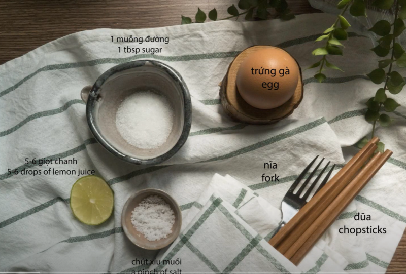 Các nguyên liệu để đánh bông lòng trắng trứng bằng đũa
