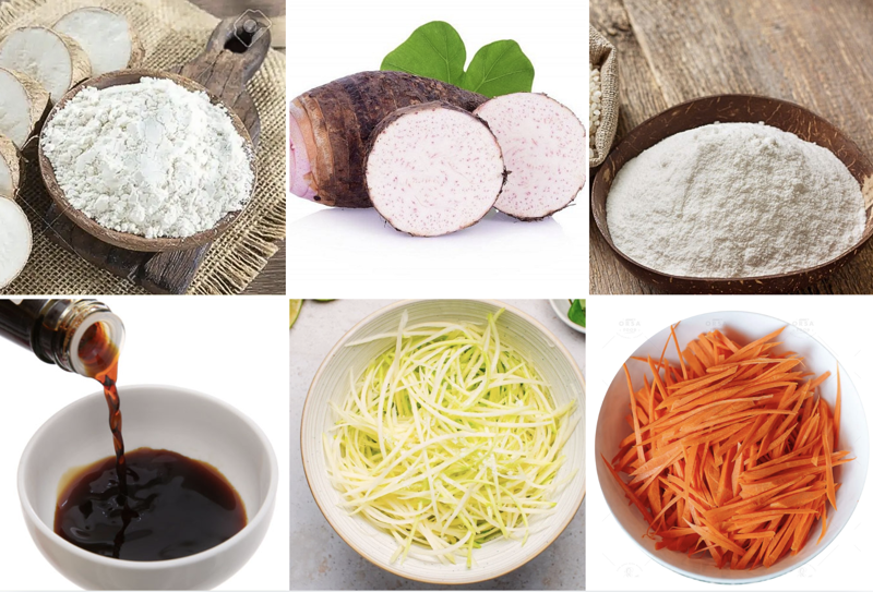 Các nguyên liệu không thể thiếu để làm bánh bột chiên khoai môn là: bột năng, bột gạo, khoai môn, đu đủ bào sợi, nước tương,...