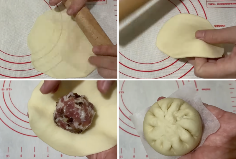 Cán mỏng phần bột đã chia, sau đó bọc nhân và tạo hình cho bánh bao