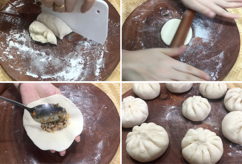 Chia bột thành các phần nhỏ, cán mỏng và bọc nhân, tạo hình cho bánh bao (Ảnh: Vào Bếp Cùng Mai)