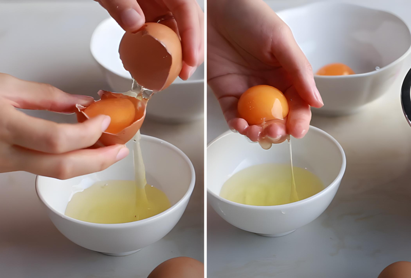 Có 2 cách tách lòng đỏ và lòng trắng: dùng vỏ trứng hoặc lấy tay tách trứng