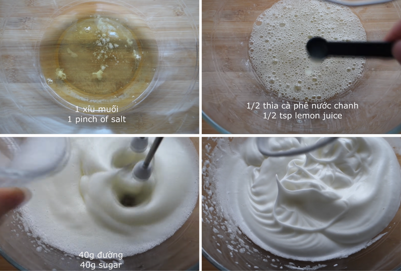 Đánh bông hỗn hợp lòng trắng trứng cùng muối, nước chanh và đường (Ảnh: Sukie’s Kitchen)