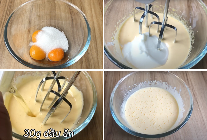 Đánh bông lòng đỏ trứng cùng đường, sữa chua và dầu ăn (Ảnh: Mía Cooking)
