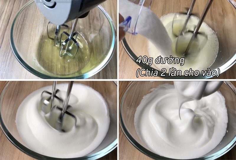Đánh bông lòng trắng trứng cùng đường cho tới khi đạt chóp mềm
