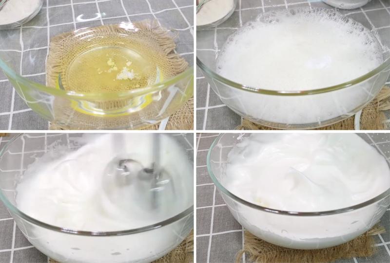 Đánh bông lòng trắng trứng cùng đường, cream of tartar cho tới khi bông chóp mềm