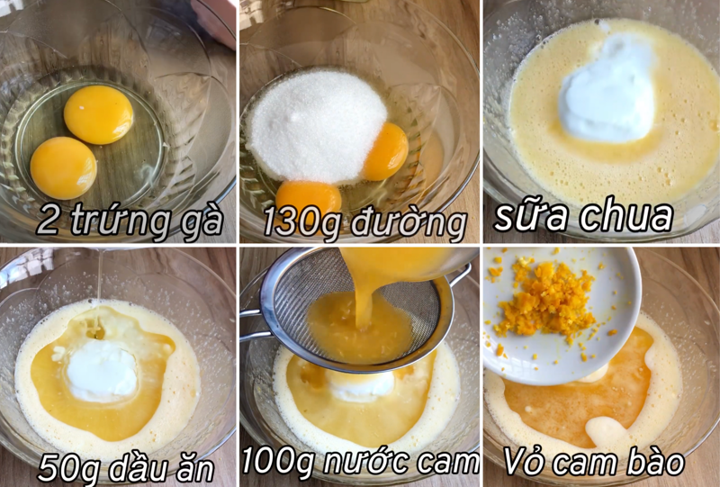 Đánh tan hỗn hợp trứng gà, đường, sữa chua, dầu ăn, nước cam, vỏ cam bào (Ảnh: Mía Cooking)