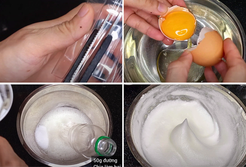 Dùng chai nhựa để đánh bông lòng trắng sẽ mất khoảng 7 - 8 phút để hỗn hợp có chóp mềm