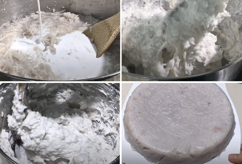 Hỗn hợp bột bánh khoai môn sau khi nấu có kết cấu sánh dẻo, mềm mịn