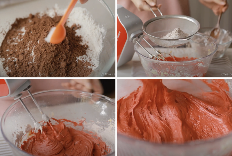 Hỗn hợp bột crinkle chocolate có kết cấu sánh dẻo, mềm mịn, màu đỏ cam đặc trưng