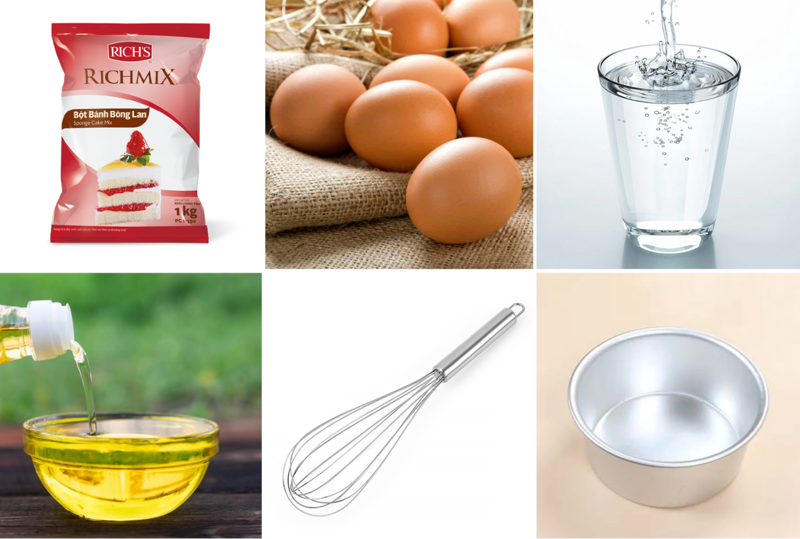 Khi làm bánh bông lan với bột trộn sẵn, bạn chỉ cần sử dụng thêm 3 nguyên liệu chính là trứng gà, nước và dầu ăn