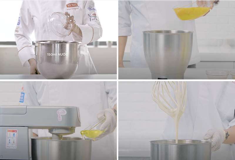 Các nguyên liệu quen thuộc không thể thiếu khi làm bánh bông lan chiffon là trứng gà, nước, bột trộn sắn bánh bông lan Richmix,...