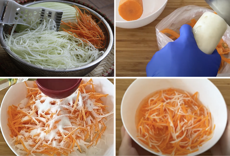 Minh họa các bước làm đồ ăn kèm cho món bánh bột gạo chiên như đu đủ bào sợi và đồ chua 