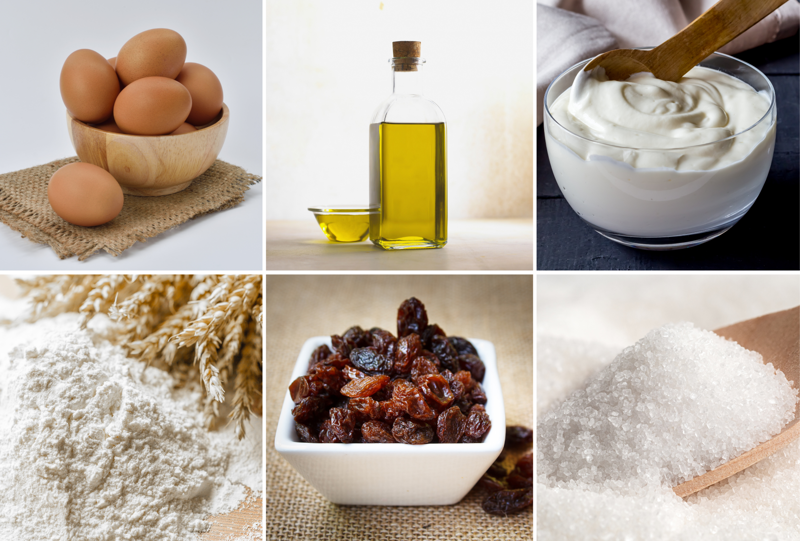 Một số nguyên liệu cơ bản để làm bánh bông lan sữa chua nho khô (Ảnh: Canva)