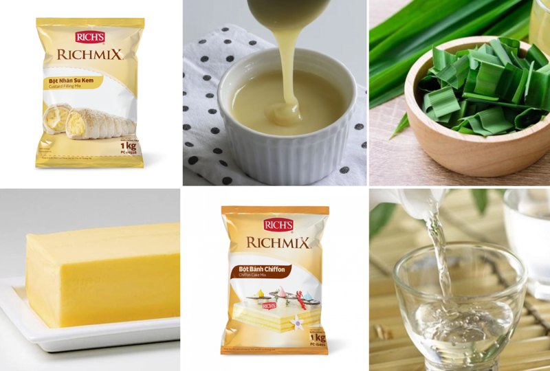 Một số nguyên liệu không thể thiếu khi làm bánh bông lan Cadé Malaysia là lá dứa, bột nhân su kem Richmix, sữa đặc, bơ thực vật,..