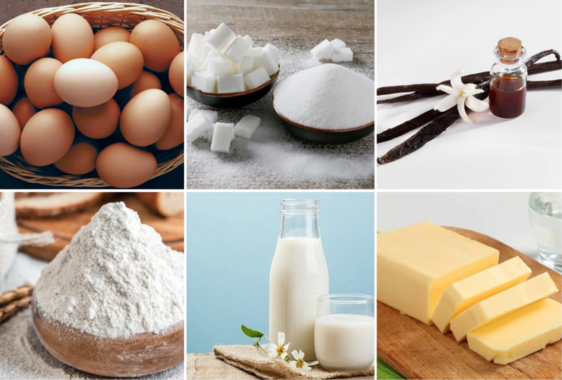 Một số nguyên liệu không thể thiếu để làm bánh bông lan truyền thống bằng lò nướng là bơ nhạt, sữa tươi không đường, bột mì số 8, đường, vani,...