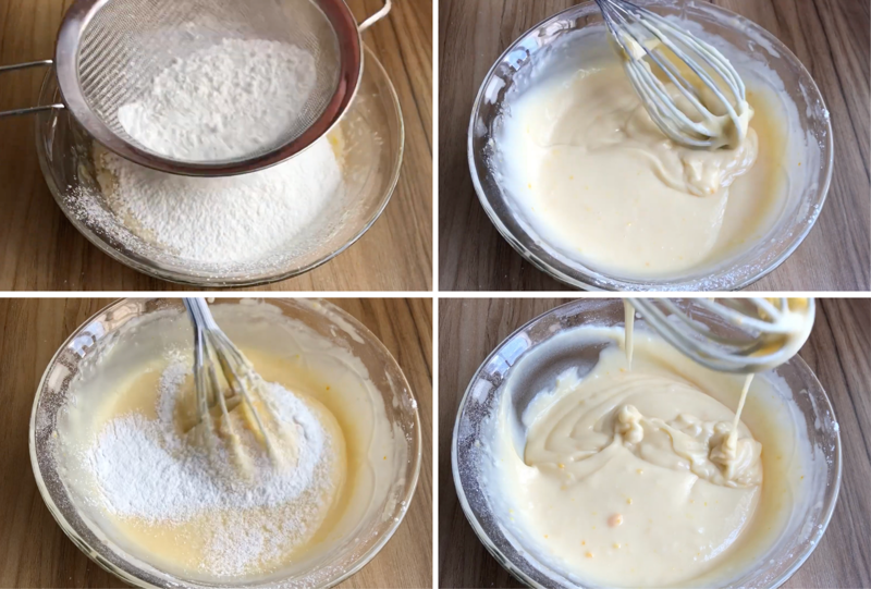 Rây bột mì và thêm bột nở, trộn đều hỗn hợp tới khi bột tan mịn (Ảnh: Mía Cooking)