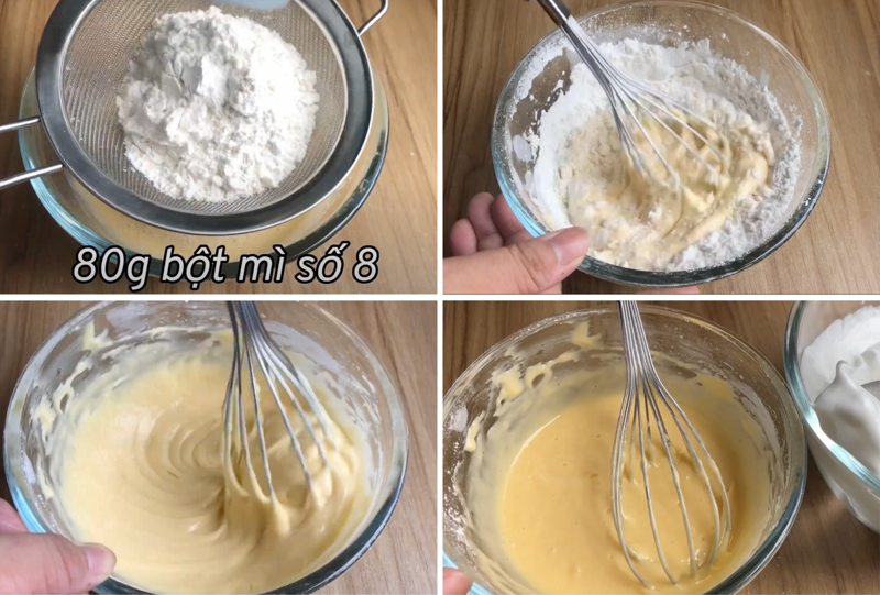 Rây vào hỗn hợp lòng đỏ 80g bột mì và trộn đều tới khi bột khô tan hết (Ảnh: Mía Cooking)