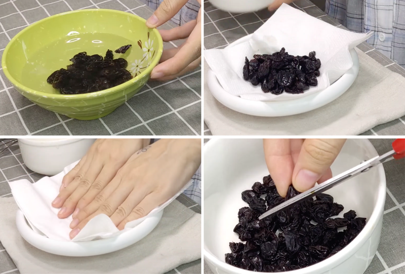 Rửa sạch và cắt nhỏ phần nho khô (Ảnh: Nhi's Cake) 