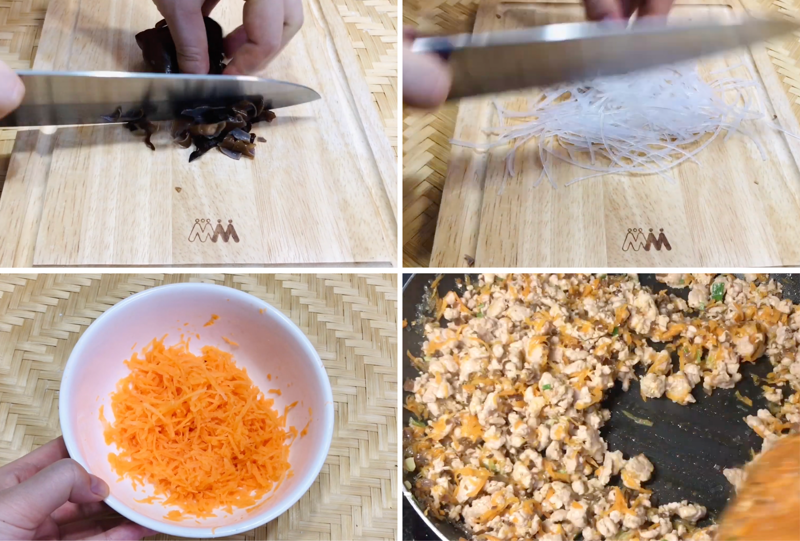 Sơ chế các nguyên liệu nhân bánh và xào chín (Ảnh: Vào Bếp Cùng Mai)
