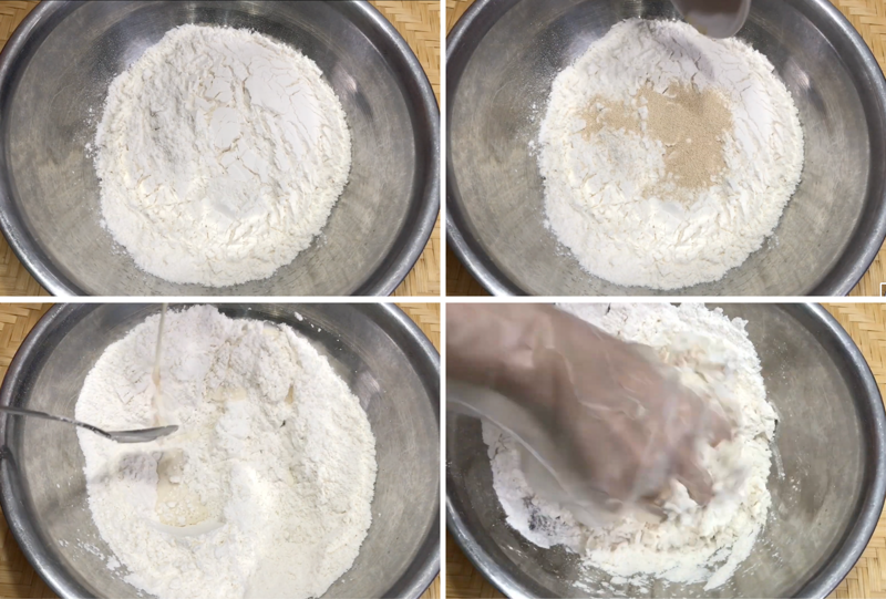 Trộn đều hỗn hợp bột mì cùng men nở và sữa tươi (Ảnh: Vào Bếp Cùng Mai)