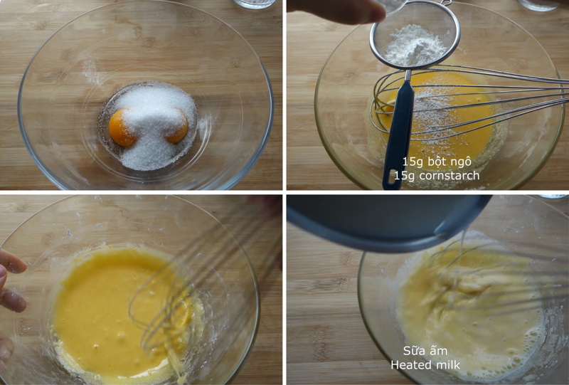 Trộn đều hỗn hợp lòng đỏ trứng, đường, bột ngô và sữa ấm (Ảnh: Sukie's Kitchen)