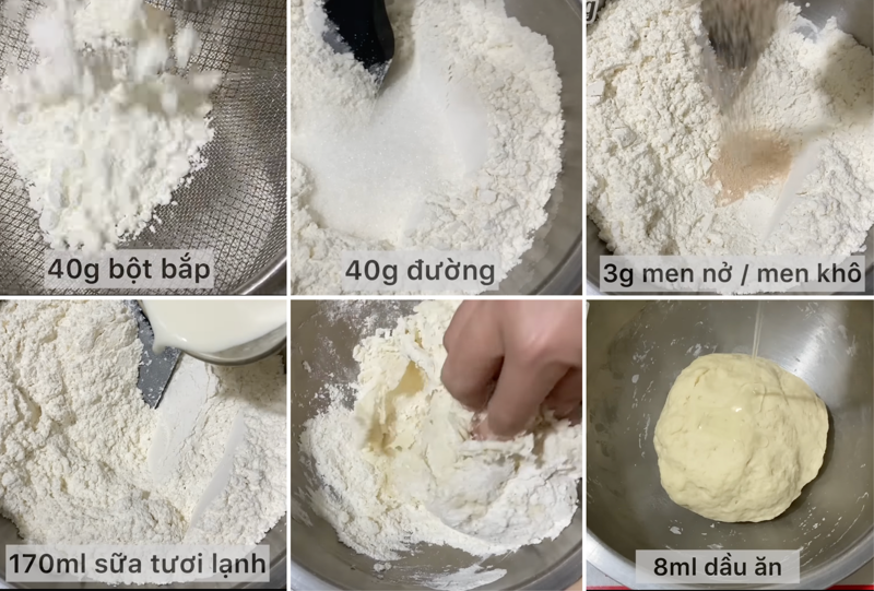 Trộn hỗn hợp bột mì, bột bắp, đường, men nở và sữa tươi cho bột thấm đều và để bột nghỉ trong 10 phút