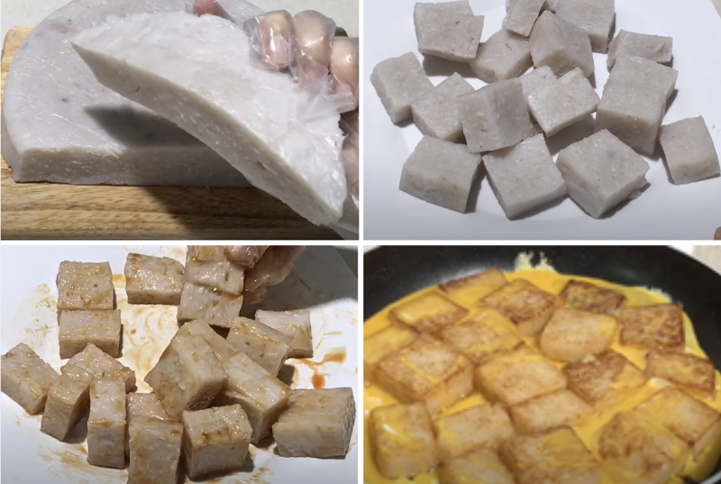Ướp các khối bột với nước tương và tương ớt giúp món bánh bột chiên khoai môn thành phẩm thơm lừng, dậy mùi hơn